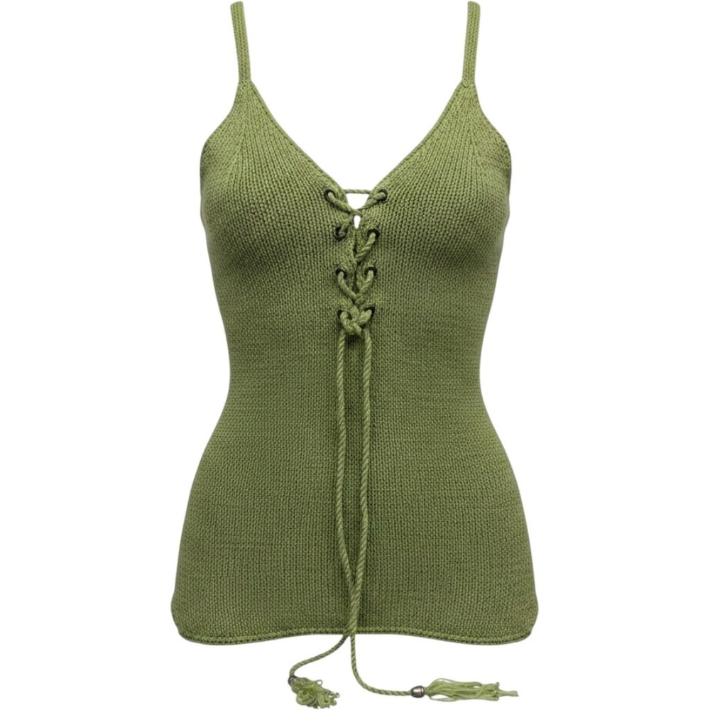 Georgiou Studio Vintage Green Knit Lace Up Cami Tank Top Tassel Womens‎ Medium